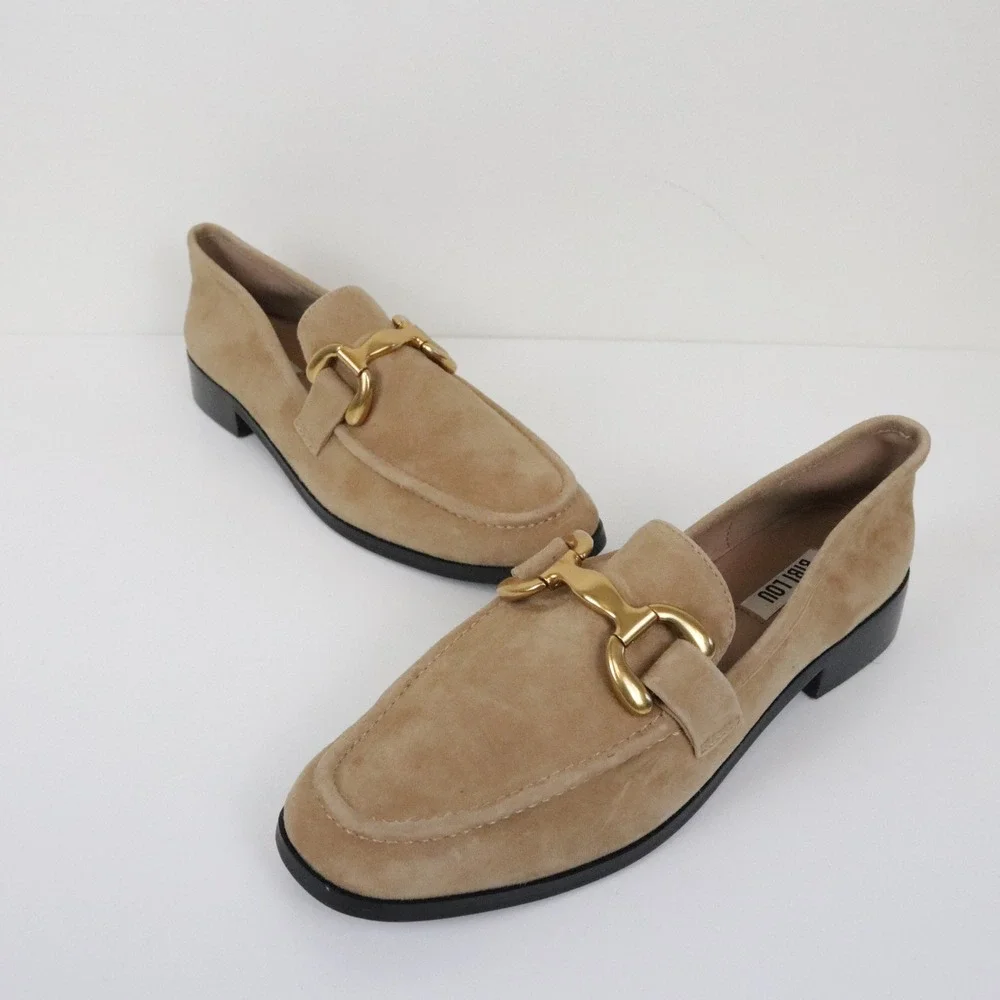 Anthropologie Bibi Lou Zagreb Suede Loafers 39 8 Tan Suede Horsebit Gold Buckle